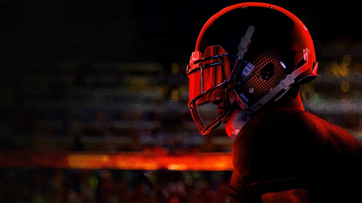 Madden NFL 25, with an American Football player in shadow in red, side-on.