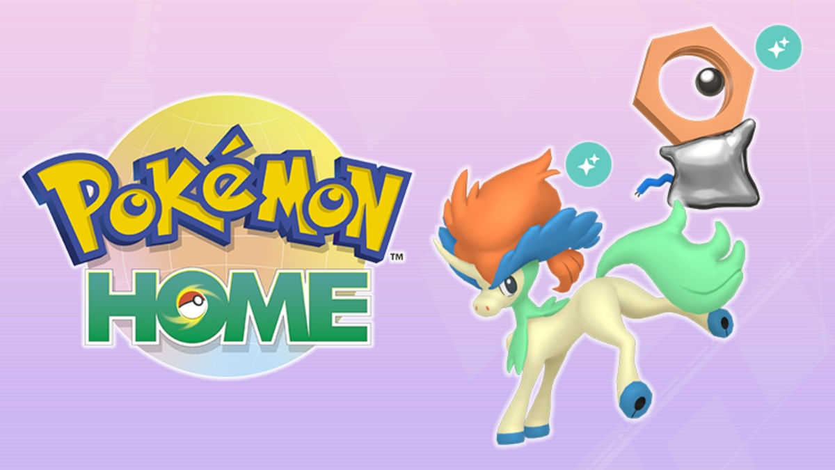 Pokemon Home key art featuring Shiny Keldeo & Shiny Meltan on a purple background
