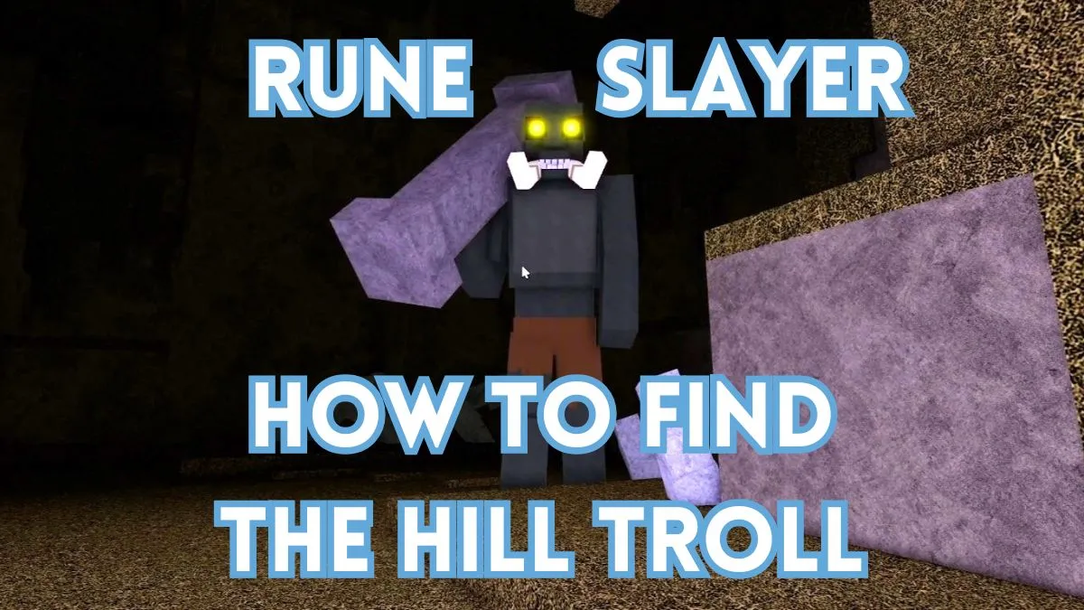The Hill Troll from Rune Slayer is holding a giant pillar and the title is on the top and bottom of the screen