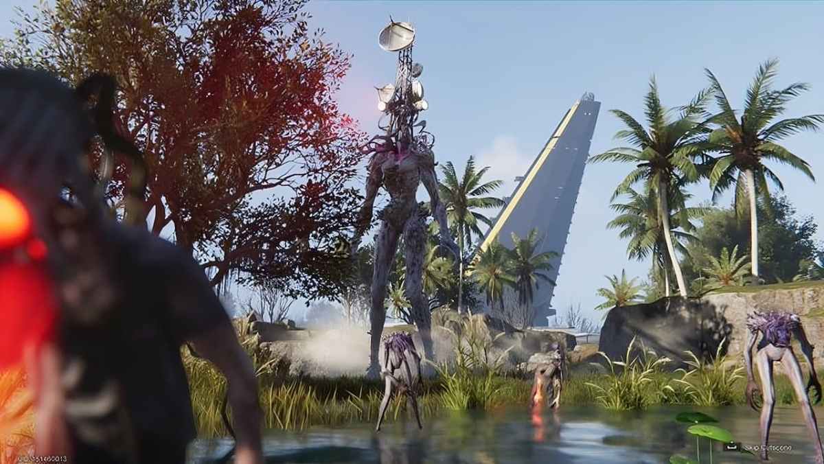 Once Human, the Siren boss, a towering, lanky creature with satellite dishes for a head.
