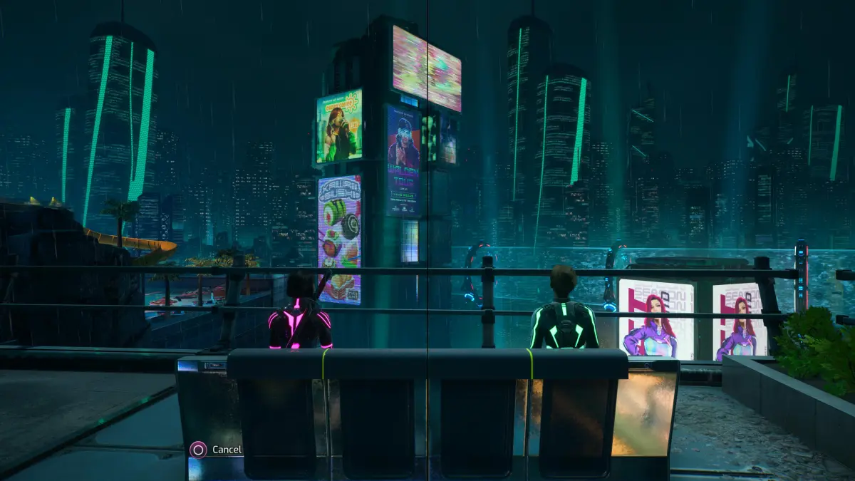 Mio and Zoe sit on a city in a futuristic city on Split Fiction